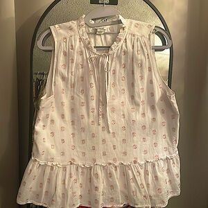 J Crew Small white BOHO top w pink metallic patches throughout .Lined & lovely